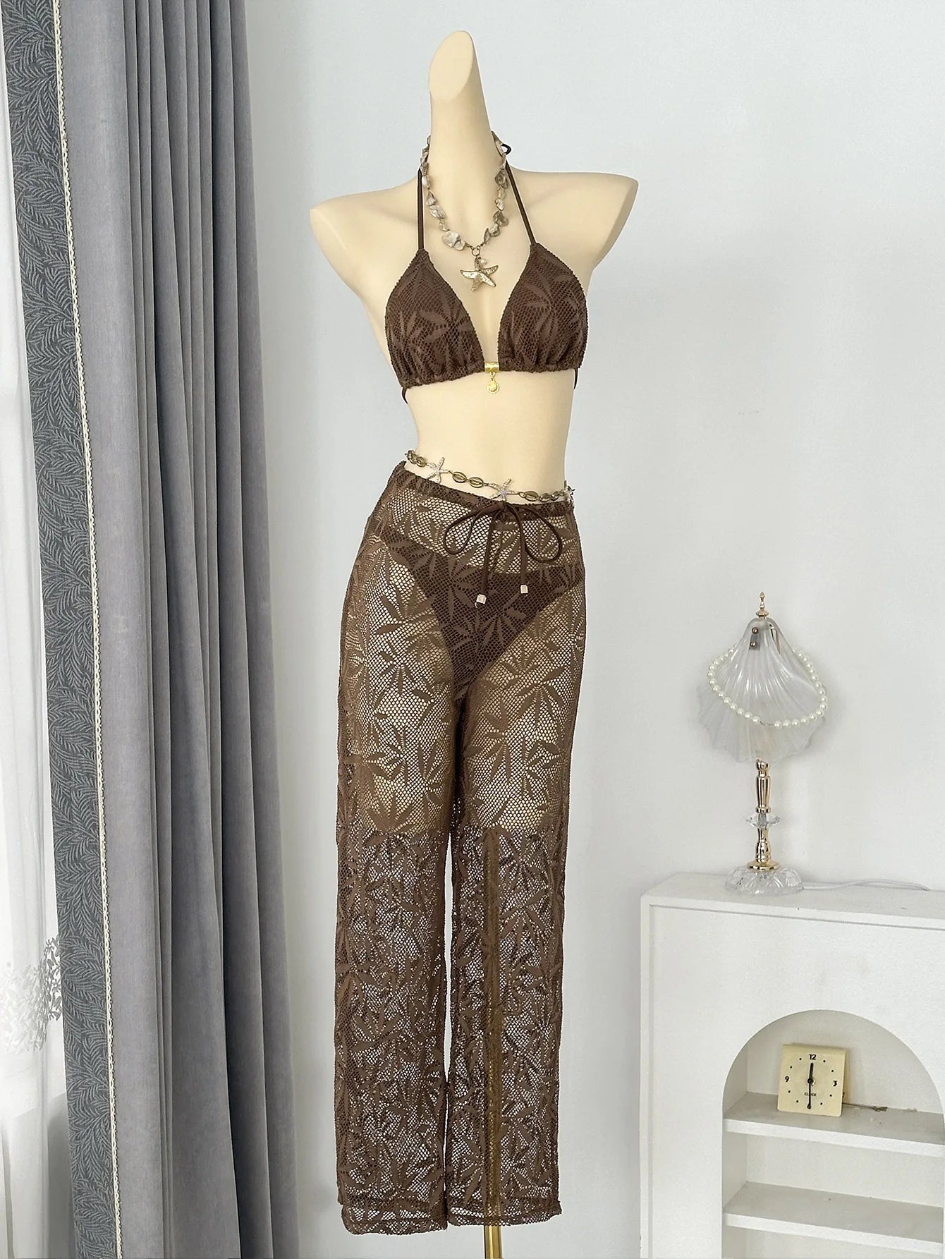 Voguable  Women Leaf Hollow Mesh 3 Piece Bikini Set Halter Triangle Top Drawstring Sheer Wide Leg Cover Up Pants Beach Swimwear Bikinis voguable