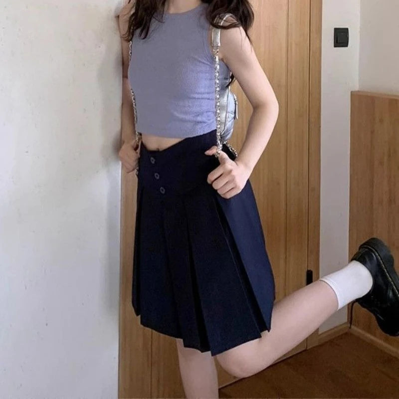 Preppy Style Pleated Skirt Women Korean Style Vintage Harajuku Mid Length Skirt Fashion Retro Solid Classic Skirts voguable