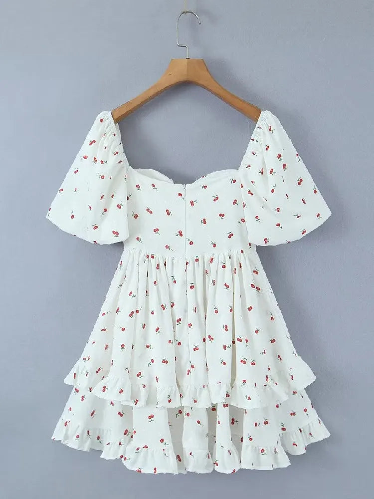 Voguable  Summer Sexy Corset Style Fruit Cherry Print Mini Dress White Retro Women Slim Waist Ruffles Hem Lantern Sleeve Cake Robe voguable