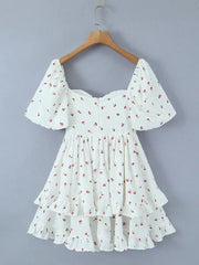 Voguable  Summer Sexy Corset Style Fruit Cherry Print Mini Dress White Retro Women Slim Waist Ruffles Hem Lantern Sleeve Cake Robe voguable