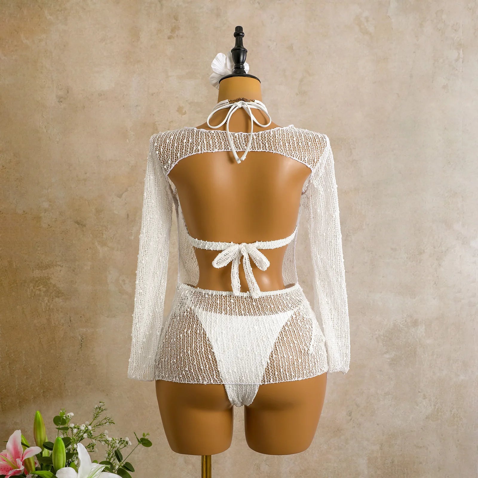 Voguable  Women's 3 Piece Swimsuit Set Ring Linked Halter Bikini with Sheer Mesh Cover Up Dress Long Sleeve Beach Outfit Swimwear voguable