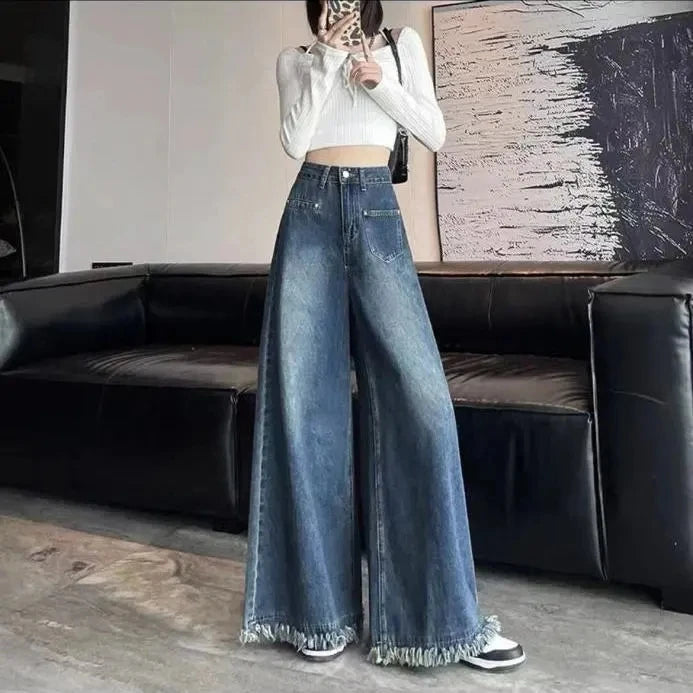 Voguable  Washed Burrs Wide Leg Denim Trousers Women's Spring Autumn New Fashion Vintage High Waist Loose Street Mop Pants voguable