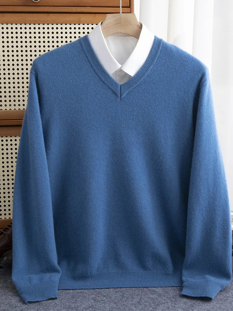 Men 100% Merino Wool Sweater V-Neck Pullover Autumn Winter Cashmere Warm Solid Knitwear Clothes Business Bottoming Soft Tops voguable