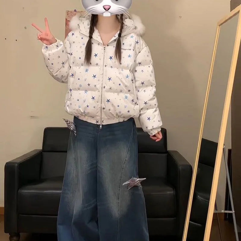 Women Winter Stars Sweet Parkas Fashion Hooded Warm Cute Puffy Coat Japan Long Sleeve Loose Female Preppy Style Chic Jacket New voguable