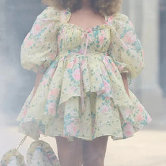 Voguable Princess Yellow Flower Print Bow Wood ears Square Collar Lantern Sleeve Dress Women Ruched Chest Ball Gown Swing Mini Robe Fairy voguable