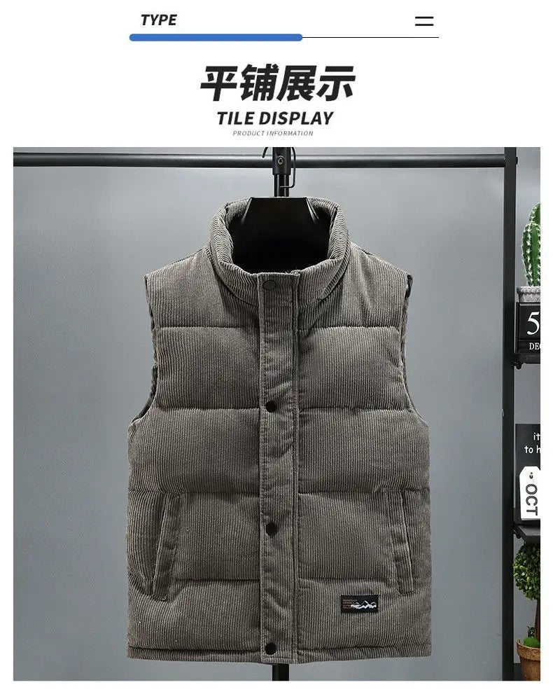 Vests Jacket Men Autumn Winter Stand Collar Warm Sleeveless Leisure Down Cotton-Padded Vest Coat Thickened Corduroy Warm Coat voguable