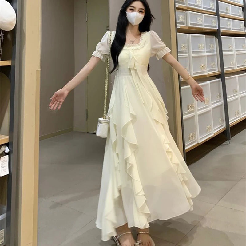 Voguable  French Square Collar Ruffled Fairy Apricot Dress Women Summer Slimming Belly Covering Seaside Holiday Chiffon Long Dresses voguable