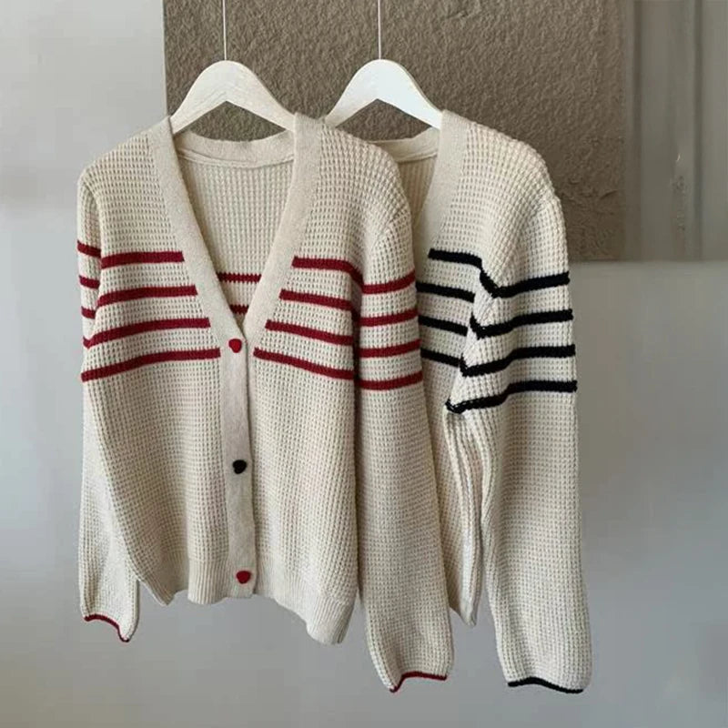 Striped Knit Cardigan Sweater with Heart-shape Button Front V-Neck Sweater Jacket Female Autumn Winter French Chic Cute Outfit voguable