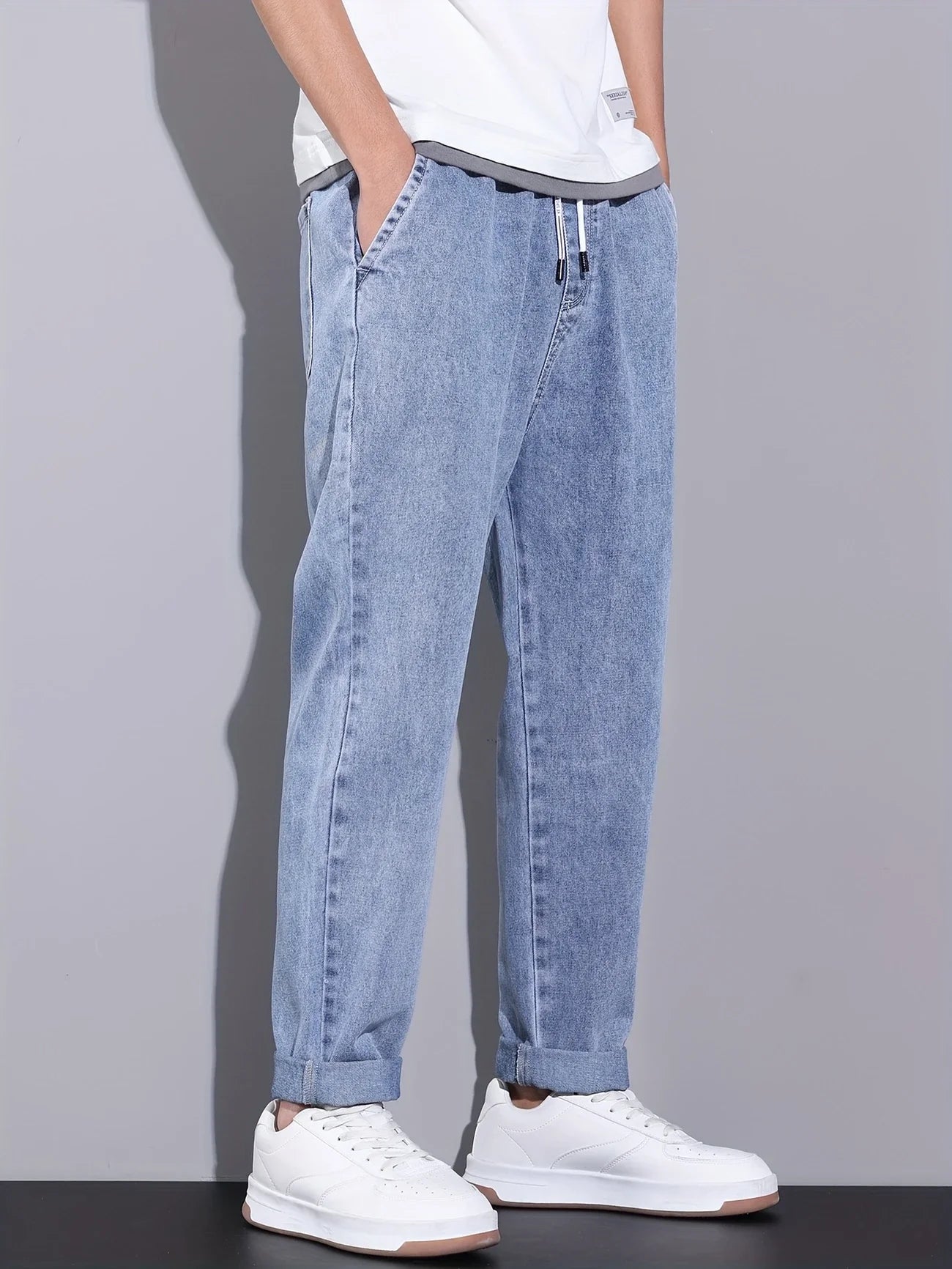 Voguable  Men's Straight-Leg Jeans with Adjustable Drawstring Waist, Made of Breathable and Soft Fabric, Loose Casual Style. voguable