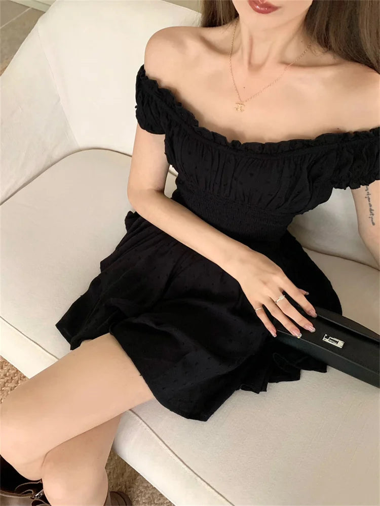 Voguable White Off Shoulder Short Sleeved Vest Dress for Women Summer Sweet Spicy Pleated Ruched Waist Boho Short Dresses Tank Dress voguable