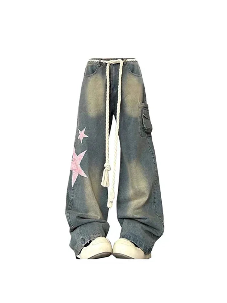 Voguable Women Baggy Star Jeans Vintage Harajuku Oversize High Waist Denim Trouser Emo 2000s Y2k 90s Aesthetic Wide Pants Trashy Clothes voguable