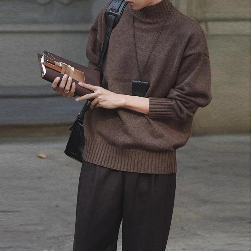 New Korean Fashion Men Sweater Light Luxury Trendy Turtleneck Knit Solid Color Pullover Leisure Retro Long Sleeve Basic Knitwear voguable
