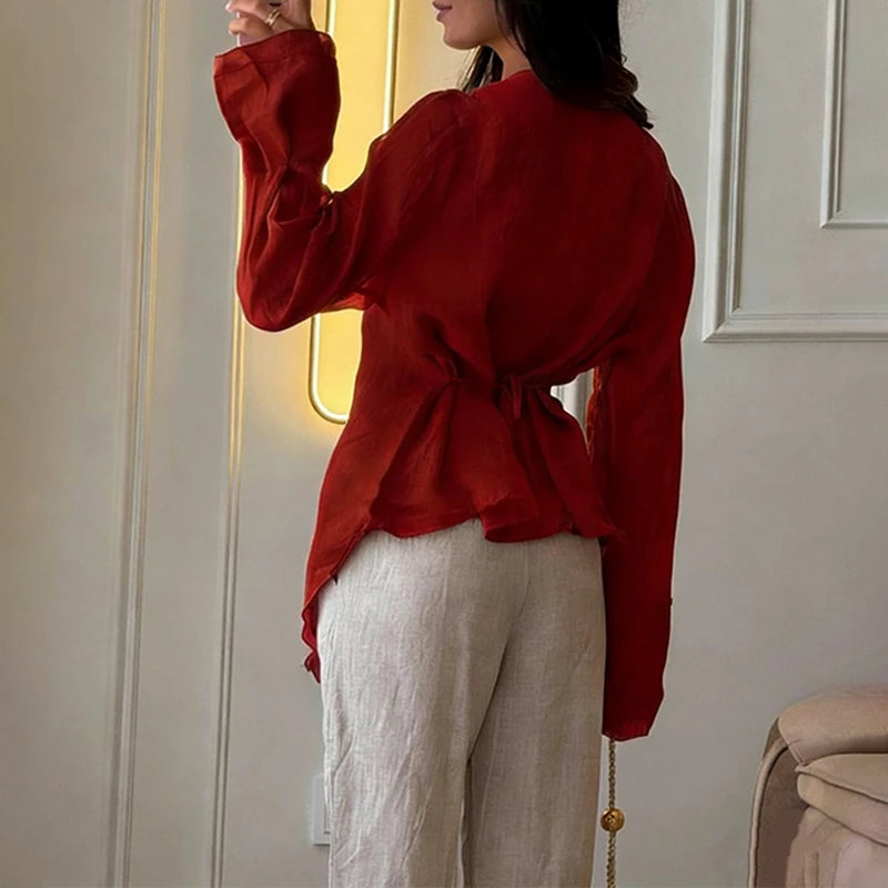 Voguable  Women's Cotton Linen Comfortable Early Autumn Long Sleeve Top V Neck Solid Color Irregular Casual Classic Holiday Party T-shirts voguable