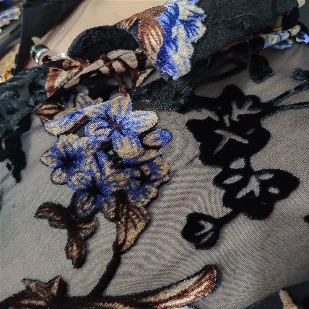 Colorful Flowers Pattern Velvet Shirt Men Transparent Short Sleeve Sexy Shirt Social Club Outfits Party Men Designer Shirt voguable