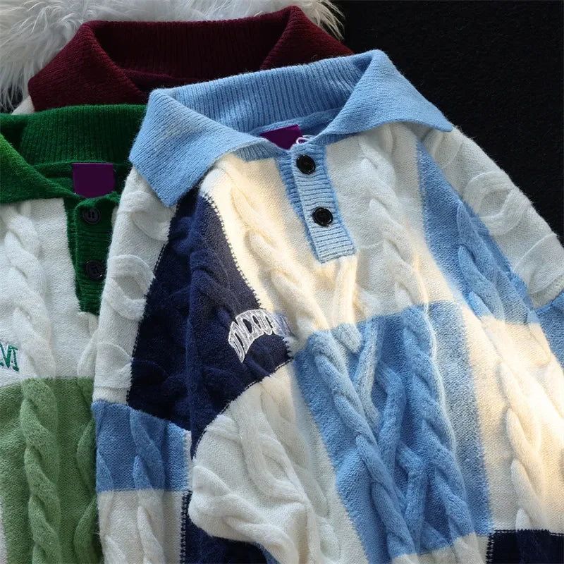 Voguable Vintage Plaid Green Knitted Sweater Men Checked Pullover Y2K Blue Sweaters Men's Winter Harajuku Japanese Streetwear voguable