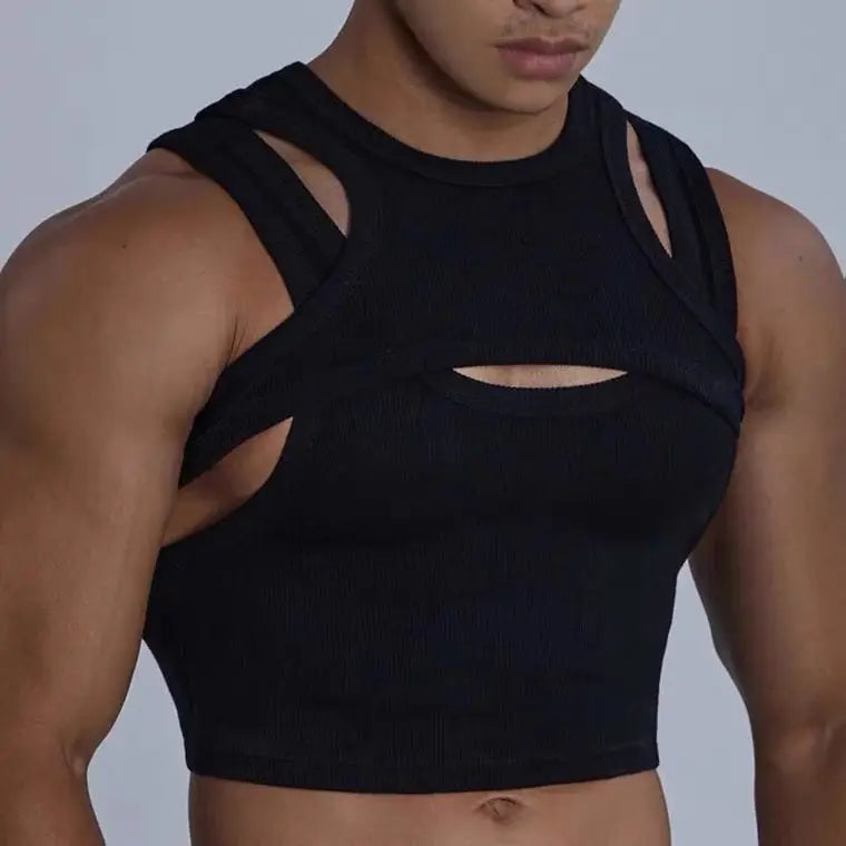 Voguable  Pure Cotton Tank Tops Men's Motion Tight Elastic Force Bottoming Shirt Round Neck Hollow Out Fashion Undershirt voguable
