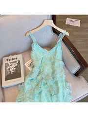 Voguable Summer Women's Vintage Elegant Light Green Dress Casual Spaghetti Strap Sleeveless Camisole Suspender Female Dresses voguable