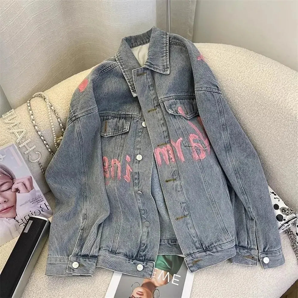 Voguable  Denim Jacket Womens Clothing Autumn Winter Korean Printed Jeans Coat Female Retro Pop Street Loose Denim Top voguable