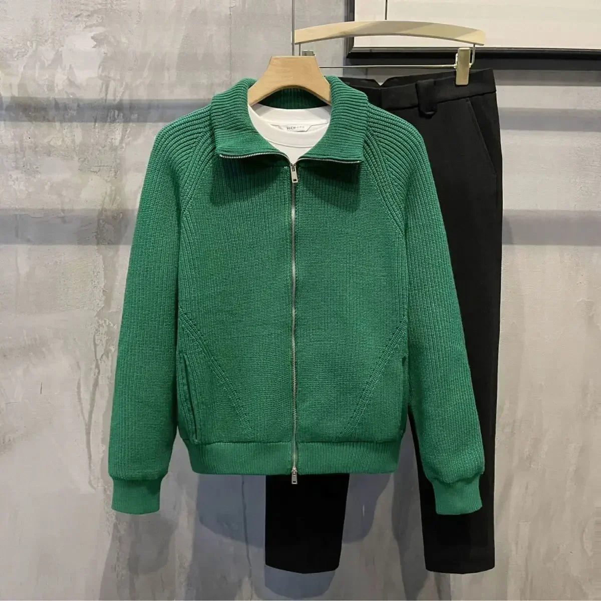 Men's Clothing Cardigan Collared Zipper Knit Sweater Male Solid Color Plain Green Zip-up Korean 2024 Autumn Stylish Hot Old X voguable