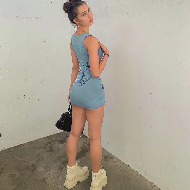 Voguable Bold Shade Street Style Women Summer Dress Indie Casual Fashion Graphic Printing  Mini Dresses Sleeveless Bodycon Clothes voguable