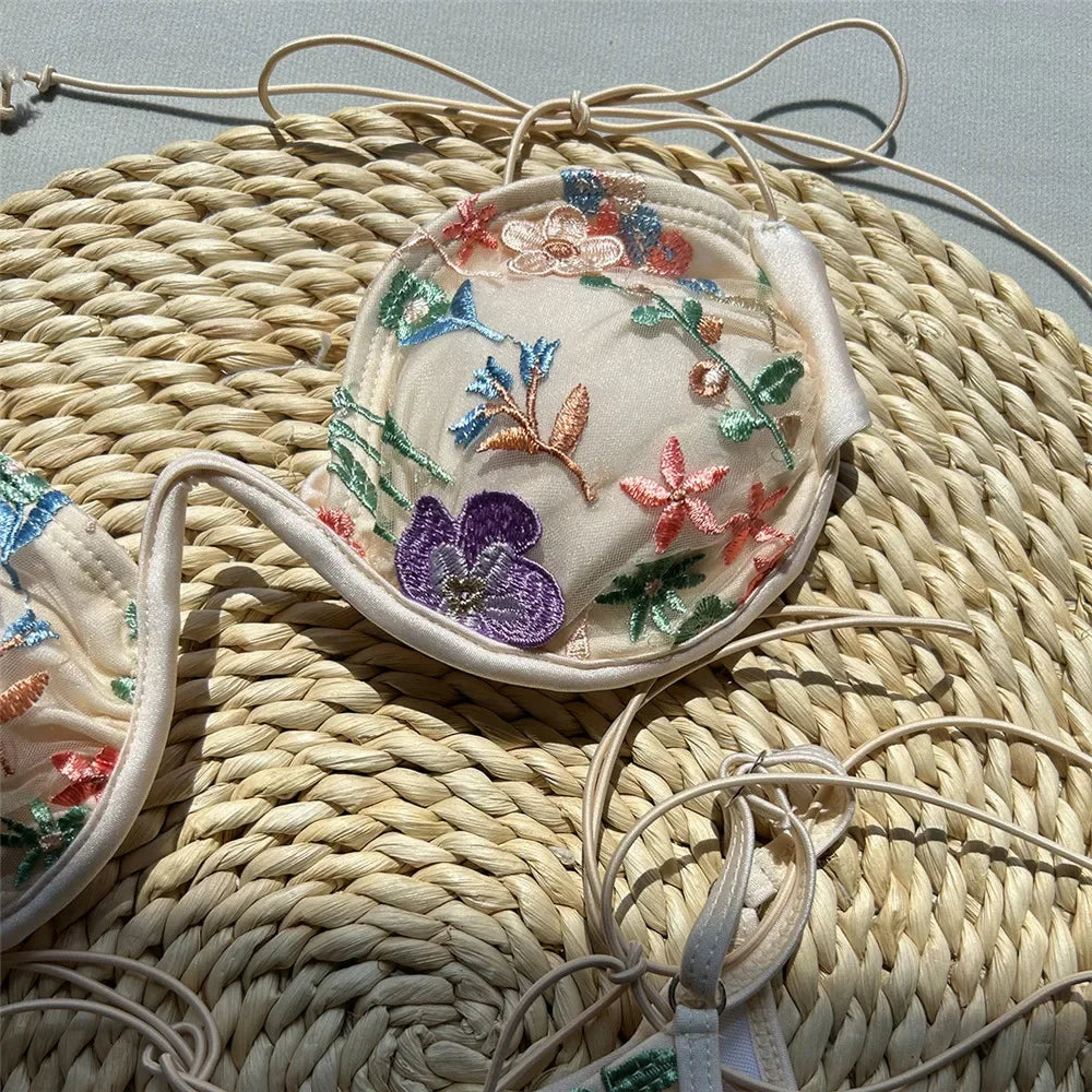 Voguable  Beige Shiny Flower Embroidery Swimwear Thong Micro Push Up Bikini Set Sexy Swimsuit Women Bathing Suit String Bikinis Mujer voguable