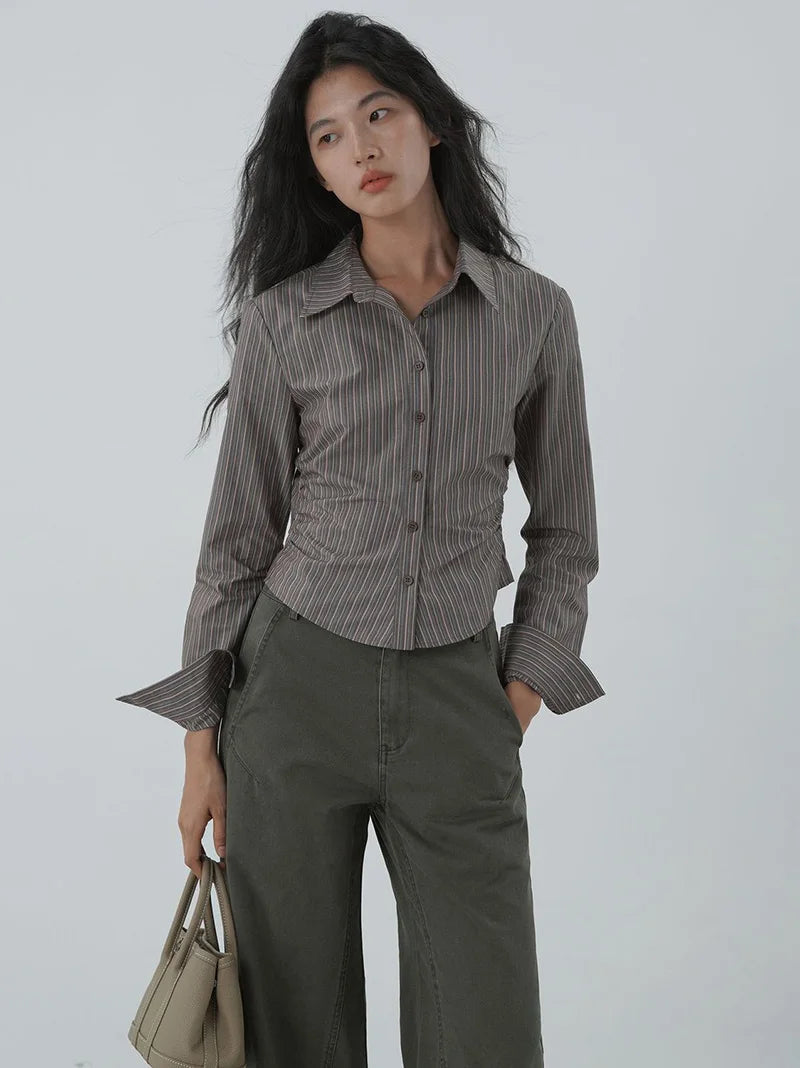 American Retro Slim Striped Shirt Fall Long Sleeve Harajuku Y2K Blouse Casual Vintage Female Streetwear Gothic Hip Hop New Tops voguable