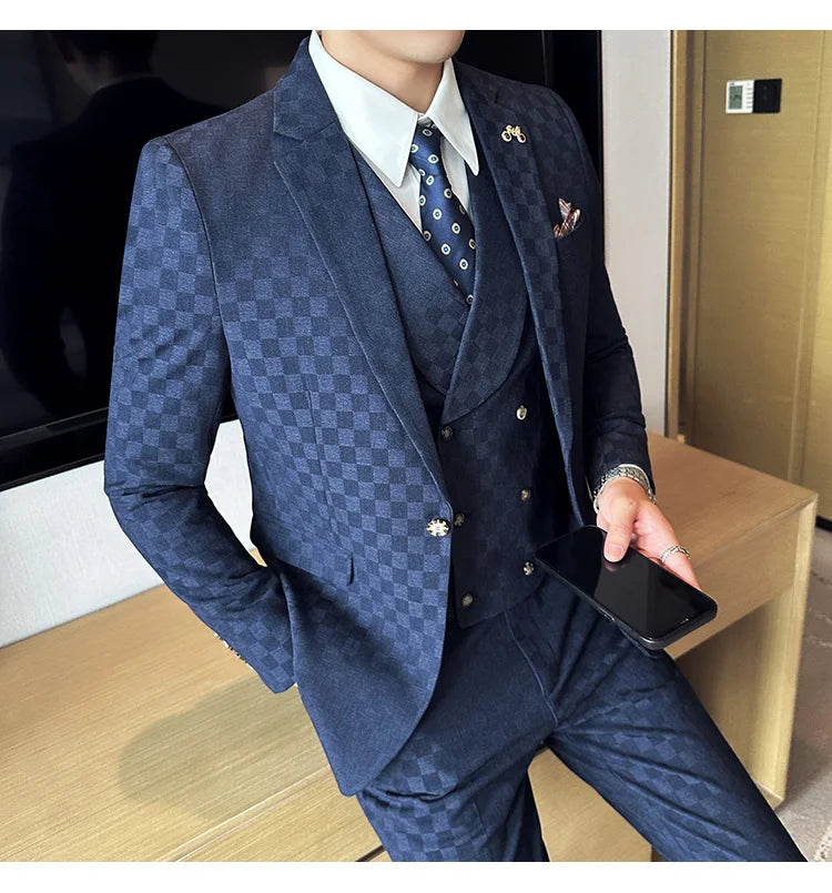 Voguable （Jacket+Vest+Pants）Classic Plaid Korean Slim-fit Men's High-end Banquet Dress Suit Fashion Men Formal Business Social Host Suit voguable