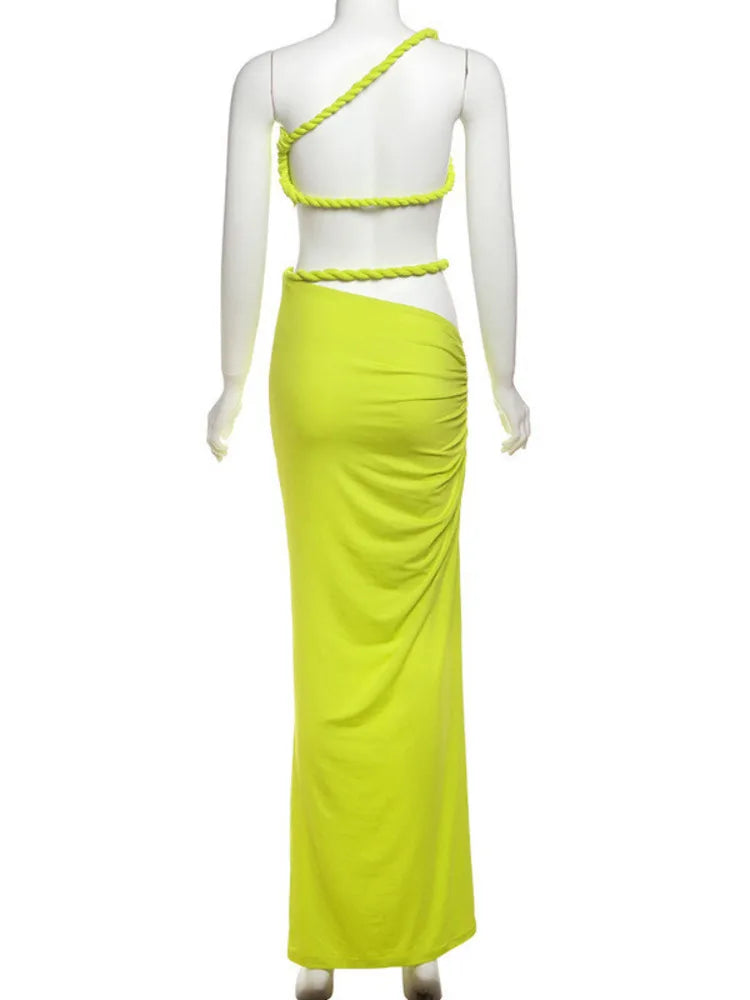 Green Sexy Two Piece Sets Women Oblique Shoulder Crop Tops And Maxi Skirt Female Thigh High Split Ruched Long Dress voguable