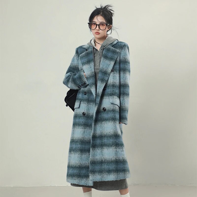 Autumn Winter Long Warm Colorful Blue Plaid Woolen Coats for Women Shoulder Pads Double Breasted Korean Fashion voguable