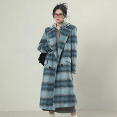Autumn Winter Long Warm Colorful Blue Plaid Woolen Coats for Women Shoulder Pads Double Breasted Korean Fashion voguable