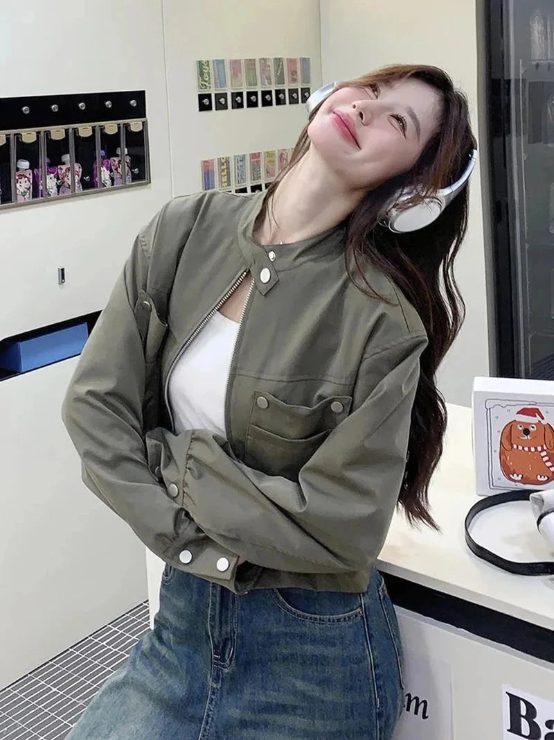 Streetwear Y2K Cropped Cargo Jacket Women Vintage Loose Pockets Harajuku Short Coat American Casual Fall O Neck Long Sleeve Tops voguable