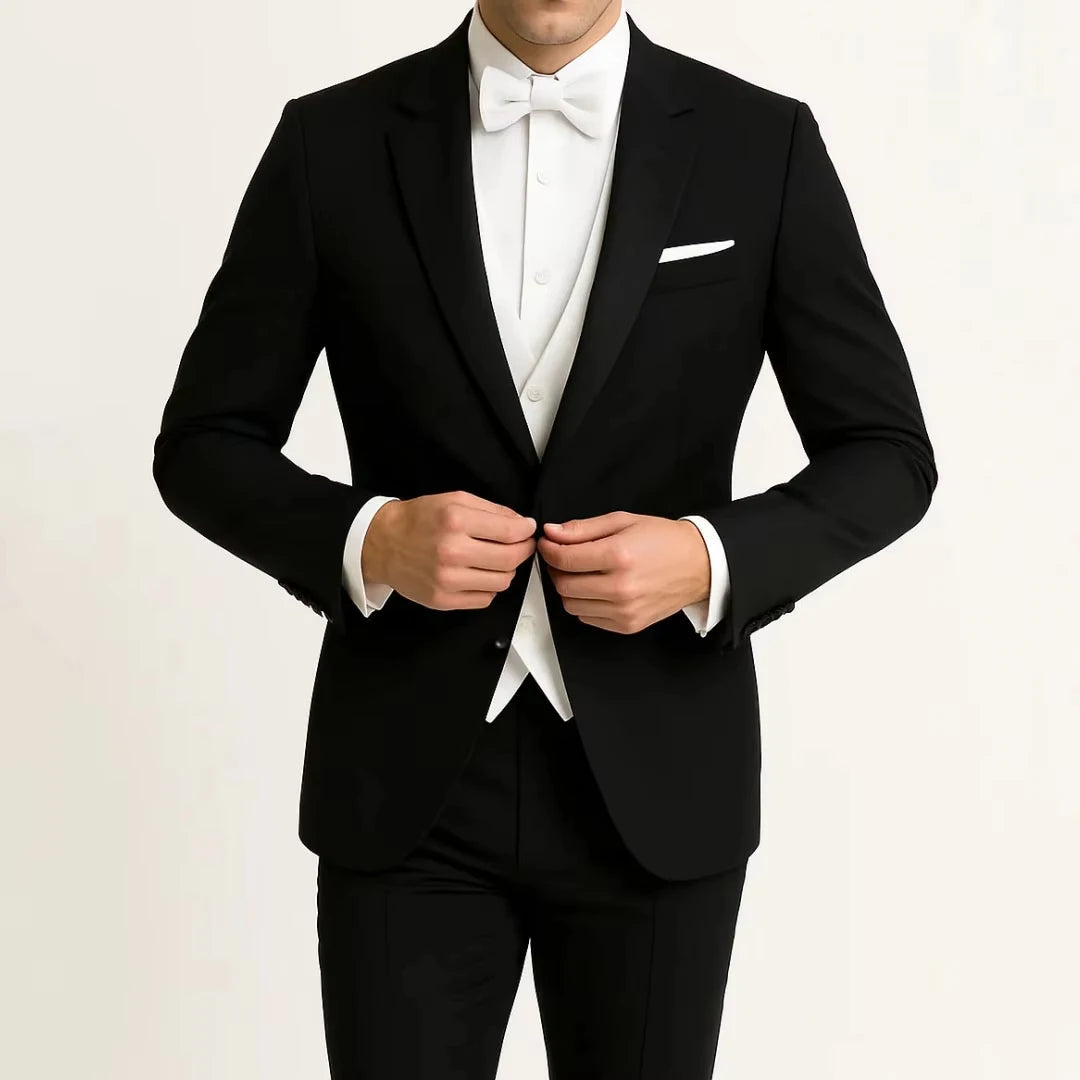 Voguable  Men Suit 3 Piece With Lapel Single Button Slim For Wedding Banquet Birthday Party Business Casual Black Jacket Pants White Vest voguable
