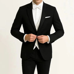 Voguable  Men Suit 3 Piece With Lapel Single Button Slim For Wedding Banquet Birthday Party Business Casual Black Jacket Pants White Vest voguable