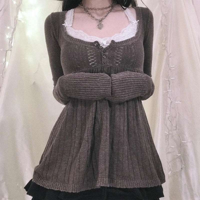 Vintage Babydoll Tops Pullovers Lady Aesthetic Coquette Knit Sweaters Outfit Autumn Square Neck Long Sleeve Knitwear Jumpers Y2k voguable