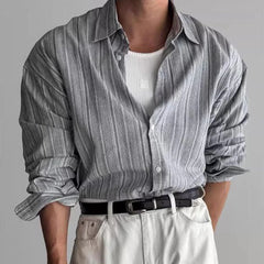 Voguable Vintage Men Striped Printed Shirt Long Sleeve Turn-down Collar Buttoned Shirts Autumn New Casual Slim Fit Men Cardigan Shirts voguable