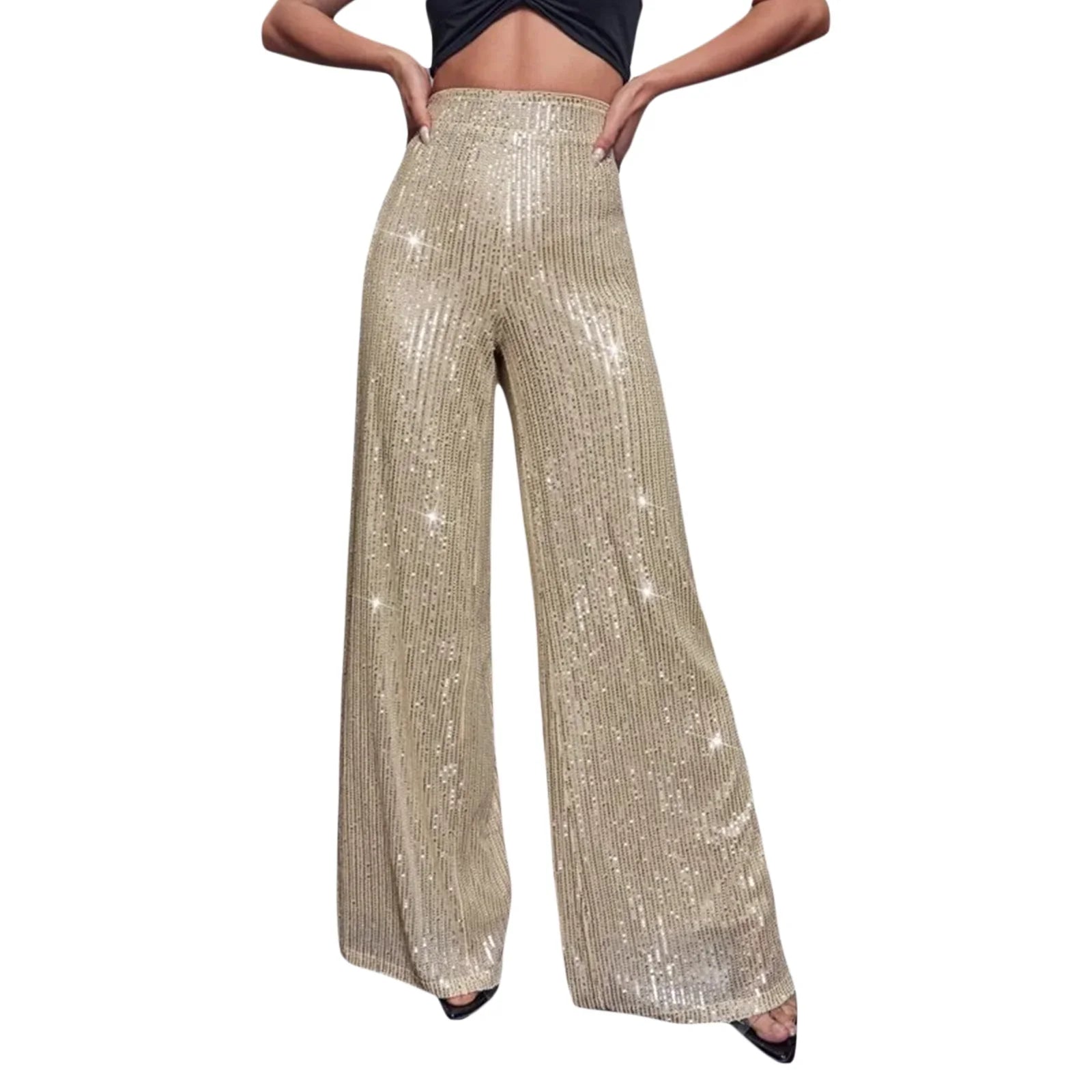 Voguable  Women Sequin Flare Pants Sparkly High Waist Wide Leg Bell-bottom Trousers Slim Party Club Shiny Pants Clubwear voguable