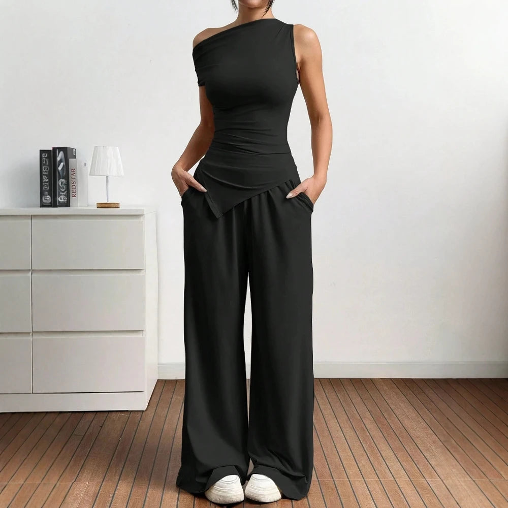 Sets Summer Casual Plain Asymmetrical Short Sleeve One-Shoulder T-Shirts Full Length Wide Leg Pants Sets For Women voguable