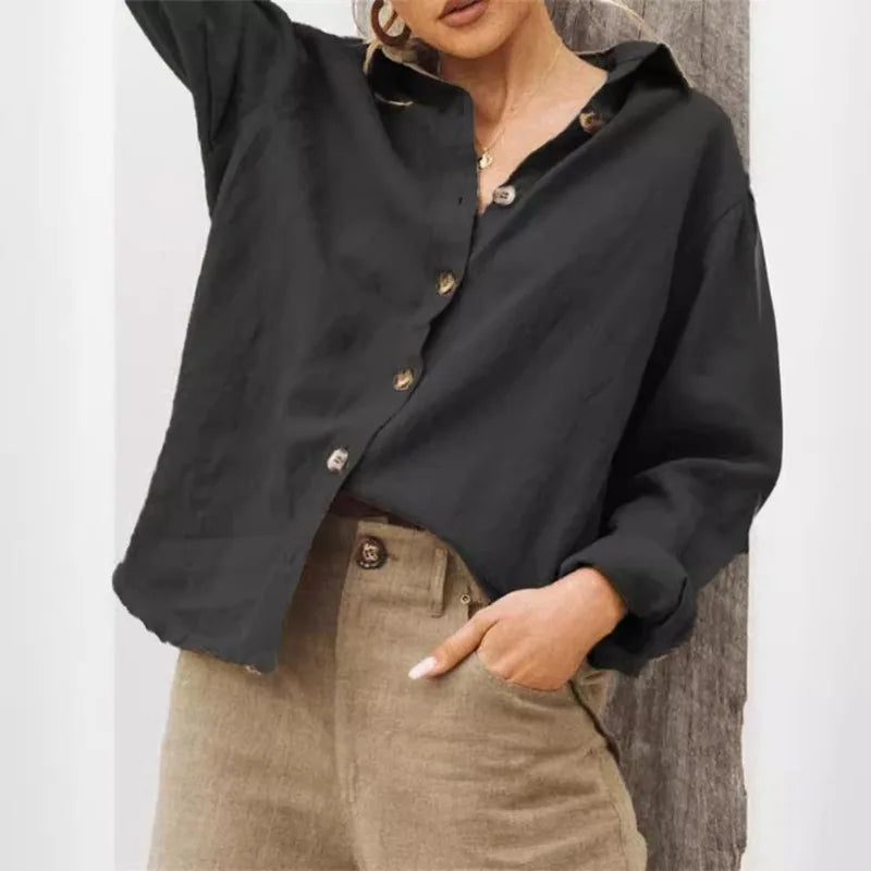 Voguable  Fashion Solid Color Loose Fit Simple Versatile Casual Women's Shirt Turn-dowen Collar Button Lightweight Long Sleeved Shirt New voguable