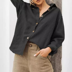 Voguable  Fashion Solid Color Loose Fit Simple Versatile Casual Women's Shirt Turn-dowen Collar Button Lightweight Long Sleeved Shirt New voguable