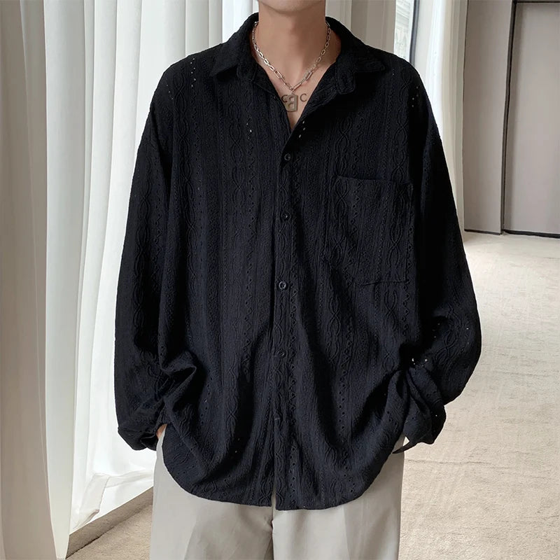 Voguable Shirts for men Apricot Handsome Lapel Men Blouse Vacation Hollow Out Sexy Fashion Men Clothing Male Mesh Long-sleeved Shirts voguable