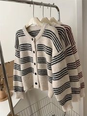 Women Cardigan Sweater Striped Crew Neck Button-up Sweater Jacket Comfy Cozy Slouchy Cardi Autumn Winter French Chic Outfit voguable