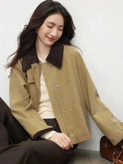 Vintage Casual Khaki Jacket Women Long Sleeve Patchwork High Quality Coat Korean All Match Women Fall Winter Embroidery Top voguable