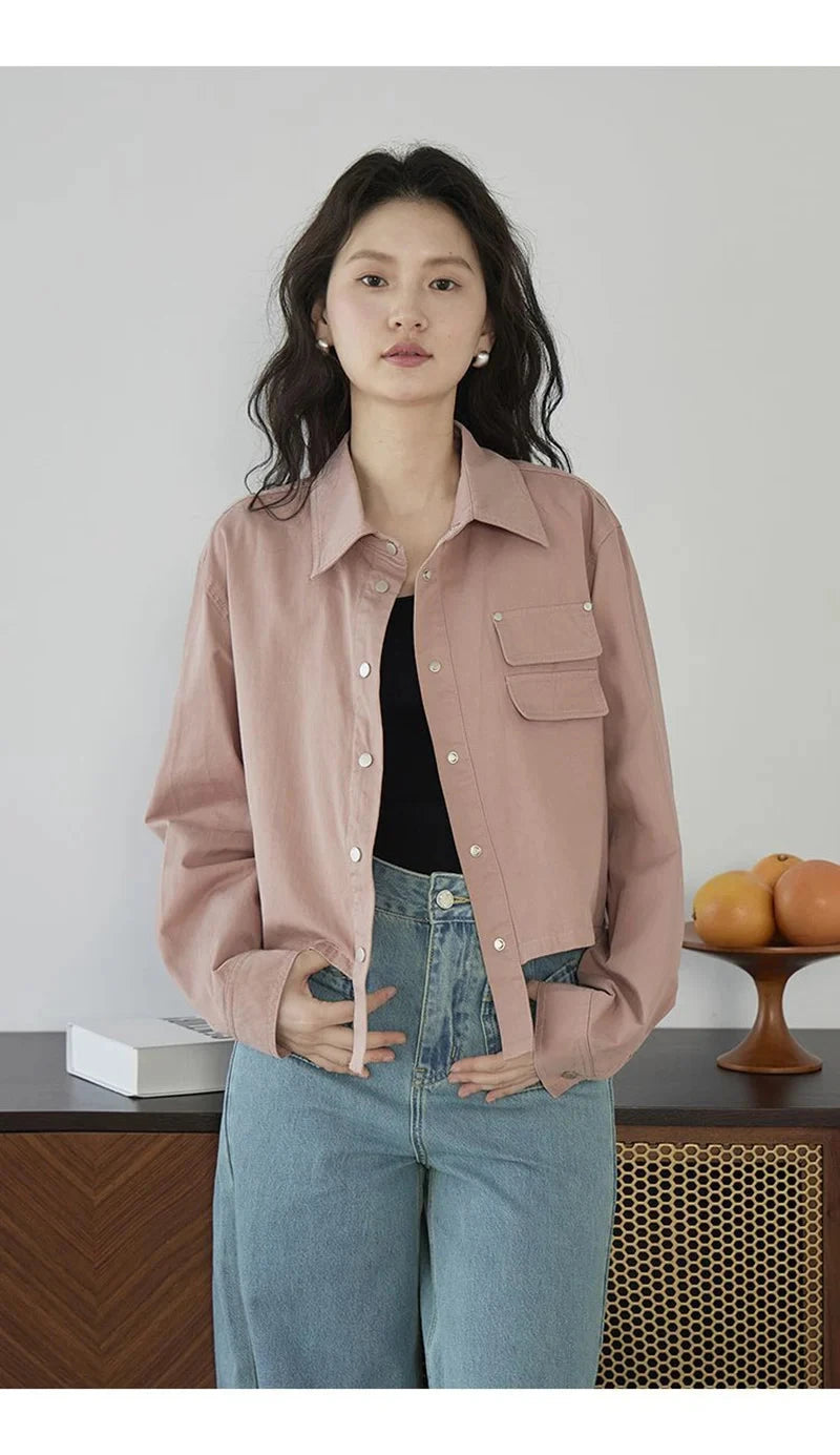American Y2K Cargo Jacket Women Fall Casual Long Sleeve Vintage Short Coat Harajuku Turn Down Collar New Solid Hip Hop Tops voguable