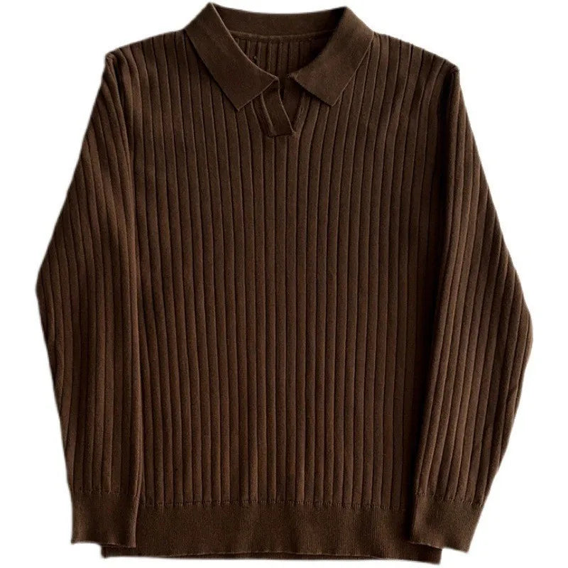 Autumn Clothing Men's Light Luxury V-Neck Knitted Jacquard Polo Shirt Solid Color Long-sleeved Korean Popular Leisure Knitwear voguable
