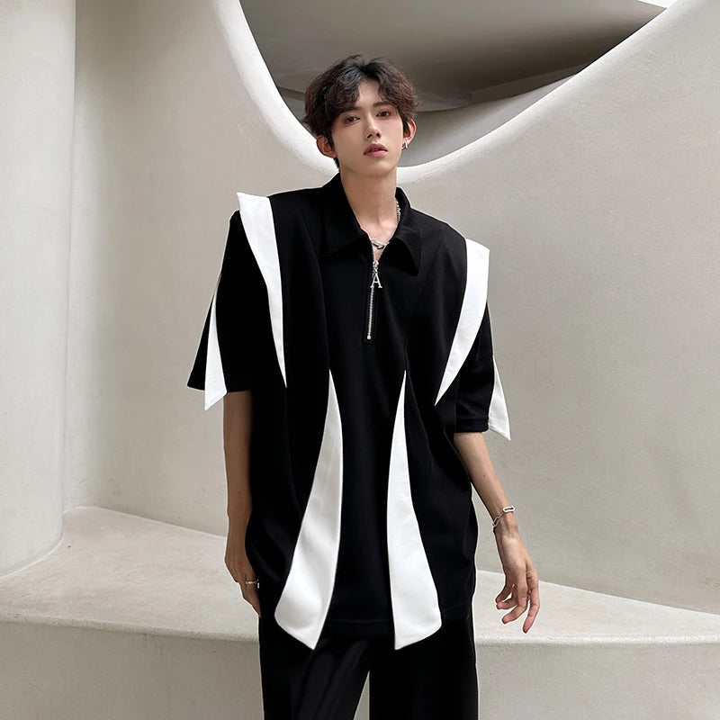 Laple T-Shirt men Urban Streetwear Polo Style Two-Tone Design Casual Summer Tee Y2K Trendy Oversized Top Breathable Cotton Blend voguable