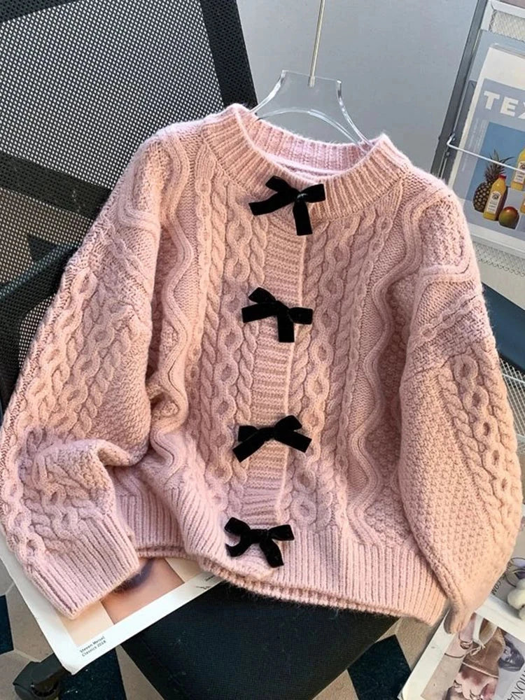 Preppy Style Bow Sweet Cardigan Women Cute Long Sleeve Solid Knitted Sweaters Casual Vintage O Neck Lady Fall Winter Top Outwear voguable
