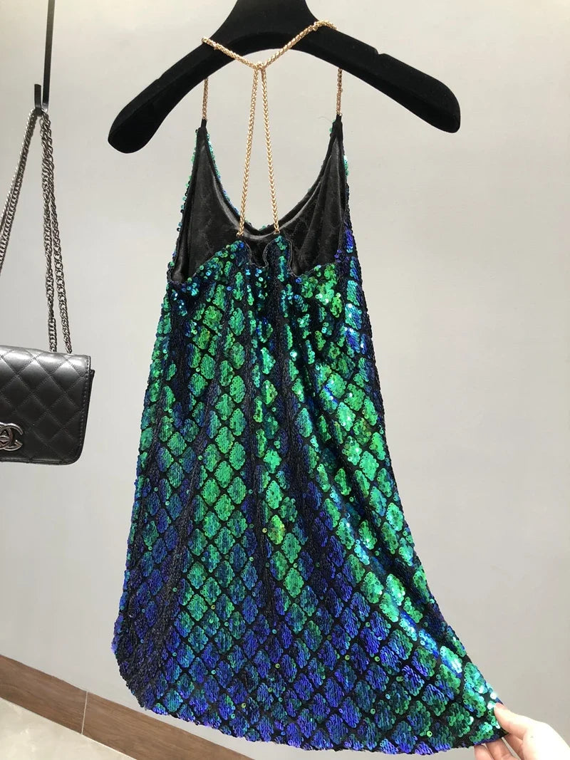 Voguable  Sexy Dresses Party Night Club Dress Dress Summer Metal Hanging Neck Sequins Backless Holiday Skirt with Shoulder-straps voguable