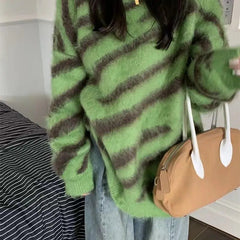 Voguable  Oversized Fuzzy Striped Sweater Women Autumn Winter Soft Warm Plush Knit Pullover Woman Casual Loose Round Neck Thick Top Female voguable
