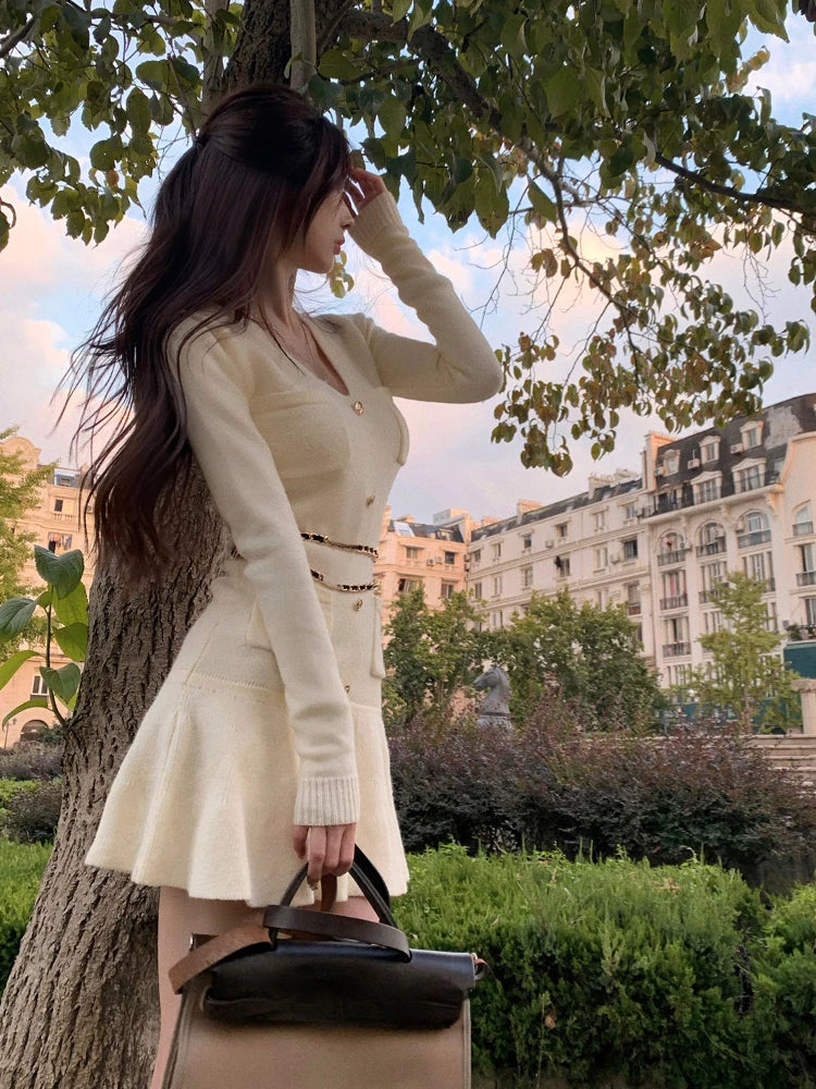 Voguable Casual Autumn White Knitted Sweater Mini Dress Women Black Elegant Lady Dresses Fashion Party Pure Color One Piece Dress voguable