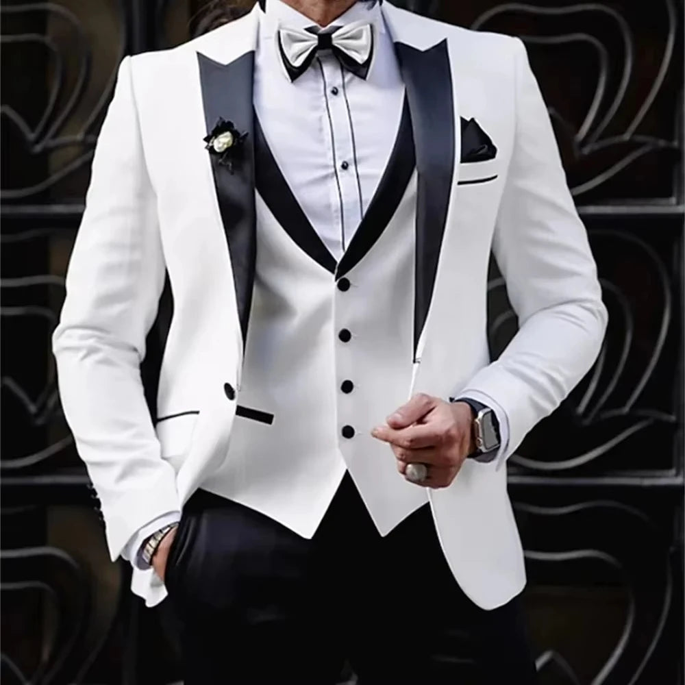 Voguable  Men Suit Black 3 Pieces Single Button With Bright Lapel For Wedding Party Birthday Banquet Business Work Jacket Vest Pant voguable